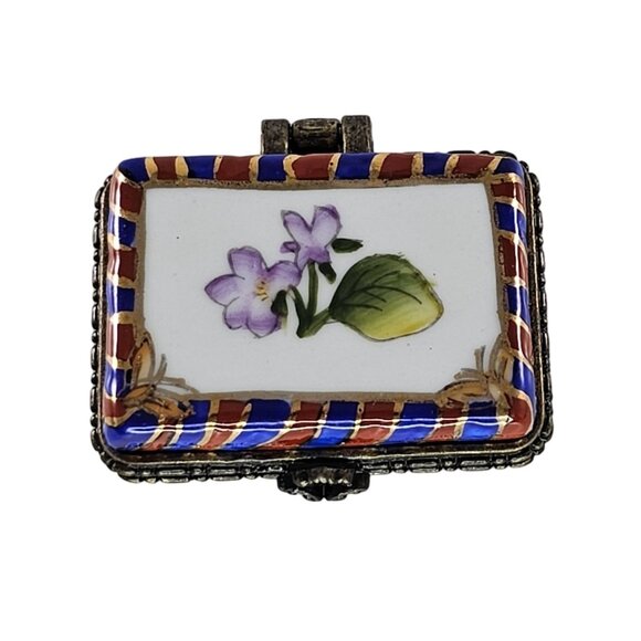 Mini Porcelain Trinket Box With Floral Design & Metal Accents - Picture 1 of 10